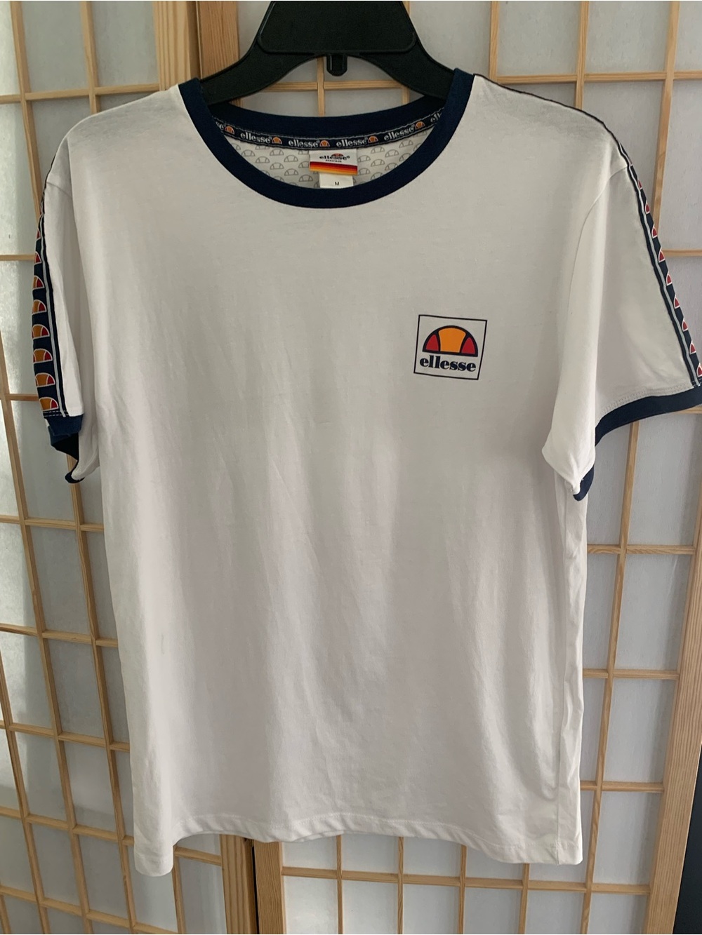 Ellesse Men’s White Logo Ringer T‑Shirt with Navy Trim Medium